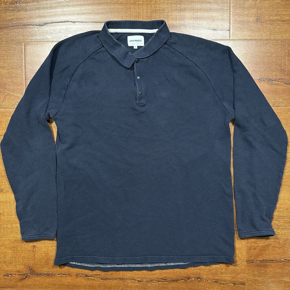 Norse Projects Polo Shirt Mens L Blue Long Sleeve Knit Retro Cotton Portugal
